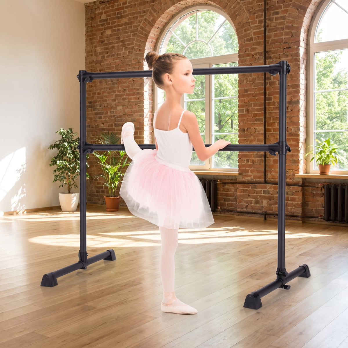 Airfind 4 Feet Double Ballet Barre with Adjustable Height and Anti Skid Pads for Home Dance Studio Stretching and Practice, Black