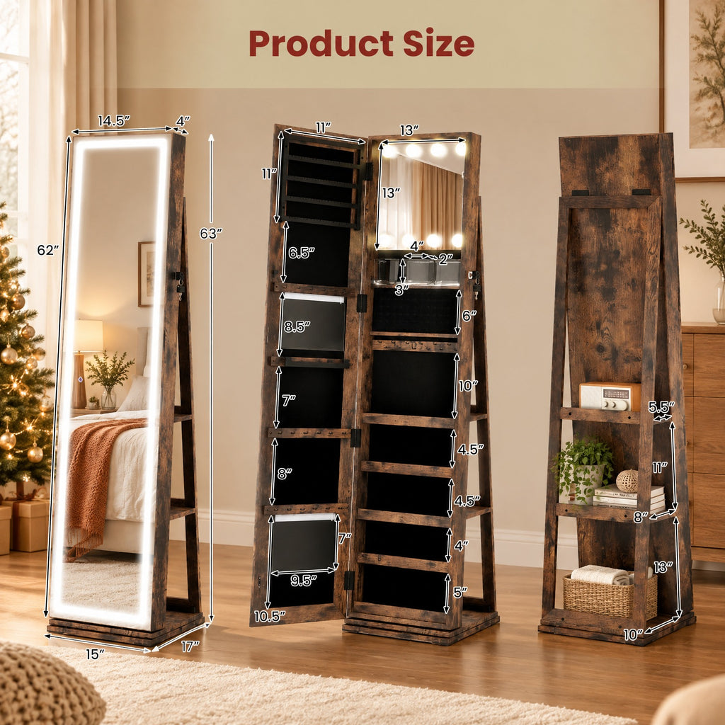 Airfind 360° Swivel Freestanding Jewelry Cabinet with Lighted Full Length Mirror, MDF Frame, Brown, Open storage shelves for easy reach