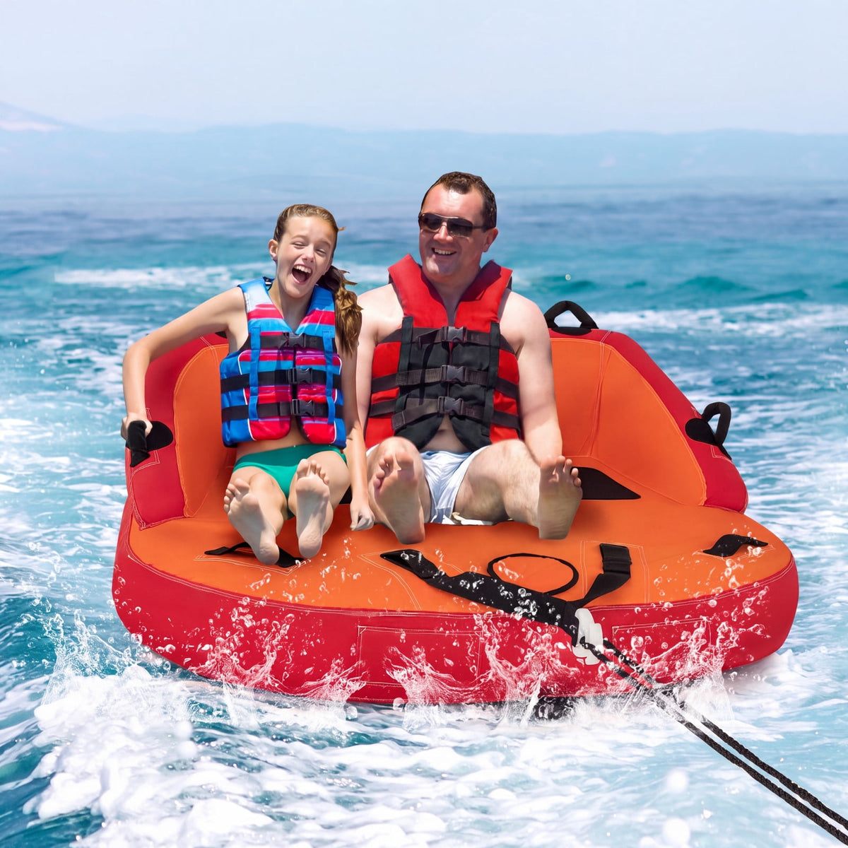 Airfind 2 Person Water Sport Inflatable Towable Tube for Boating with High Backrest and Padded Handles for Lake River and Sea Riding, Orange