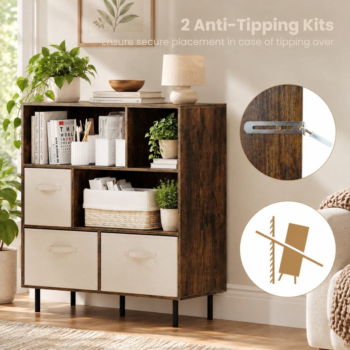 Airfind 6-Cube Bookshelf with 3 Removable Folding Fabric Drawers for Living Room, 330 lbs Capacity, Metal Engineered Wood Frame, Brown