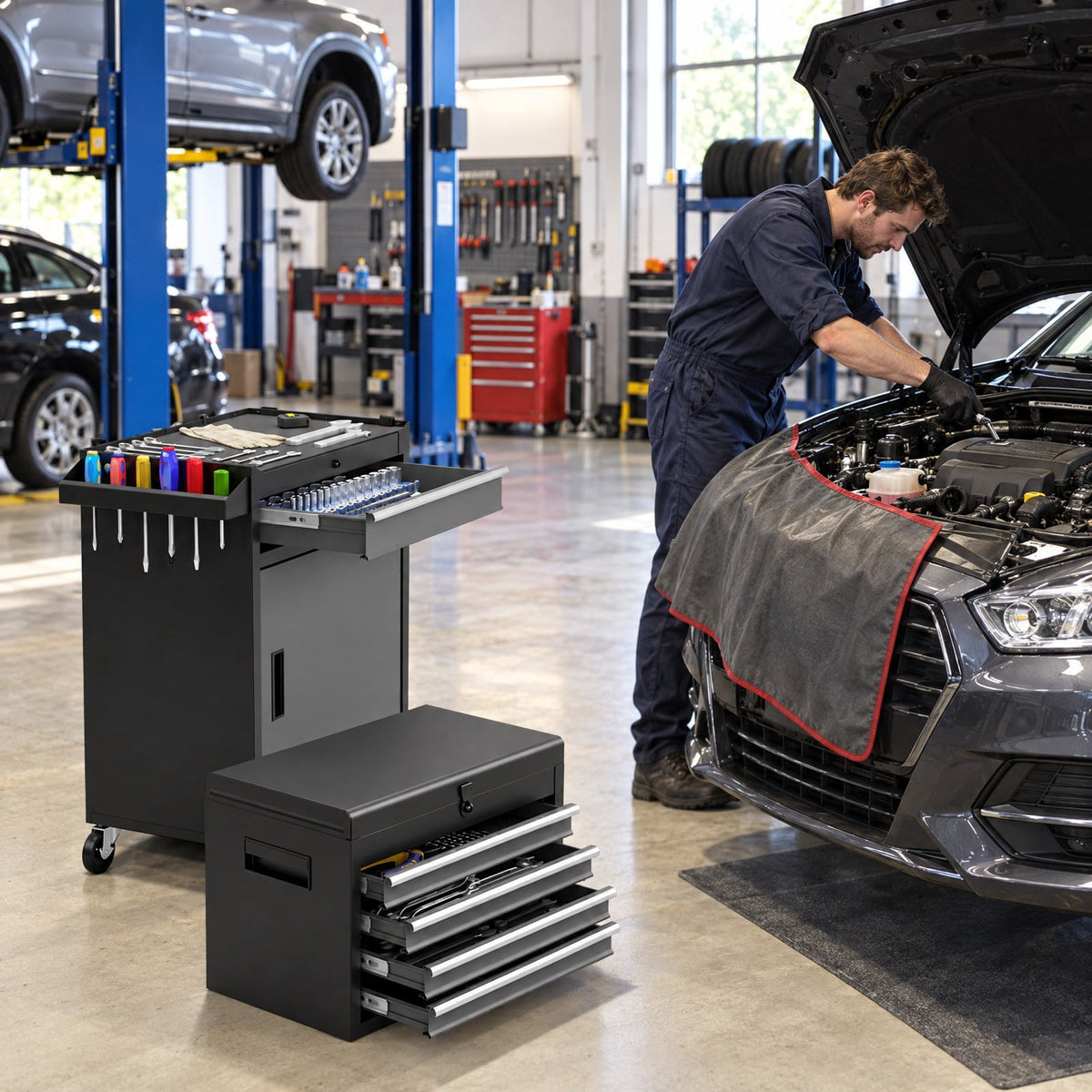 Airfind 2-in-1 Rolling Tool Chest with 5 Sliding Lockable Drawers-Black and Gray, 220.5 lbs Capacity, Steel rubber-plastic synthetic Frame, Black