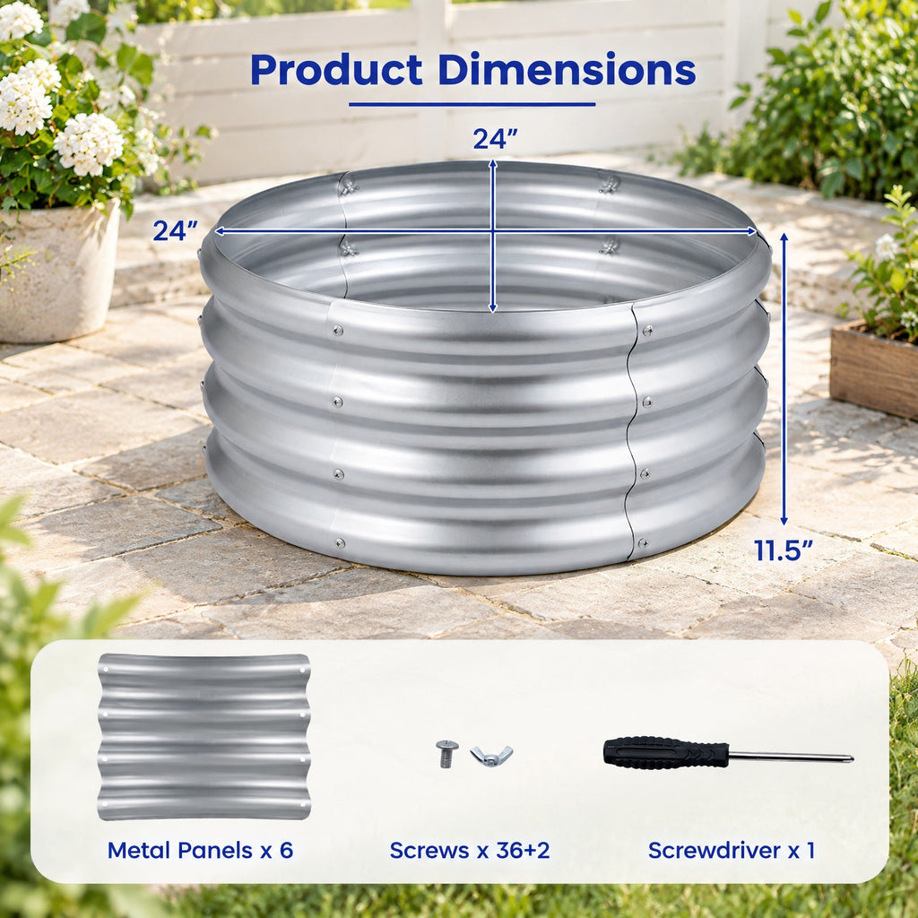 Airfind Round Galvanized Raised Garden Bed with Open-Ended Base, Galvanized Metal S Frame, 24 x 24 x 11.5 Footprint, Sliver