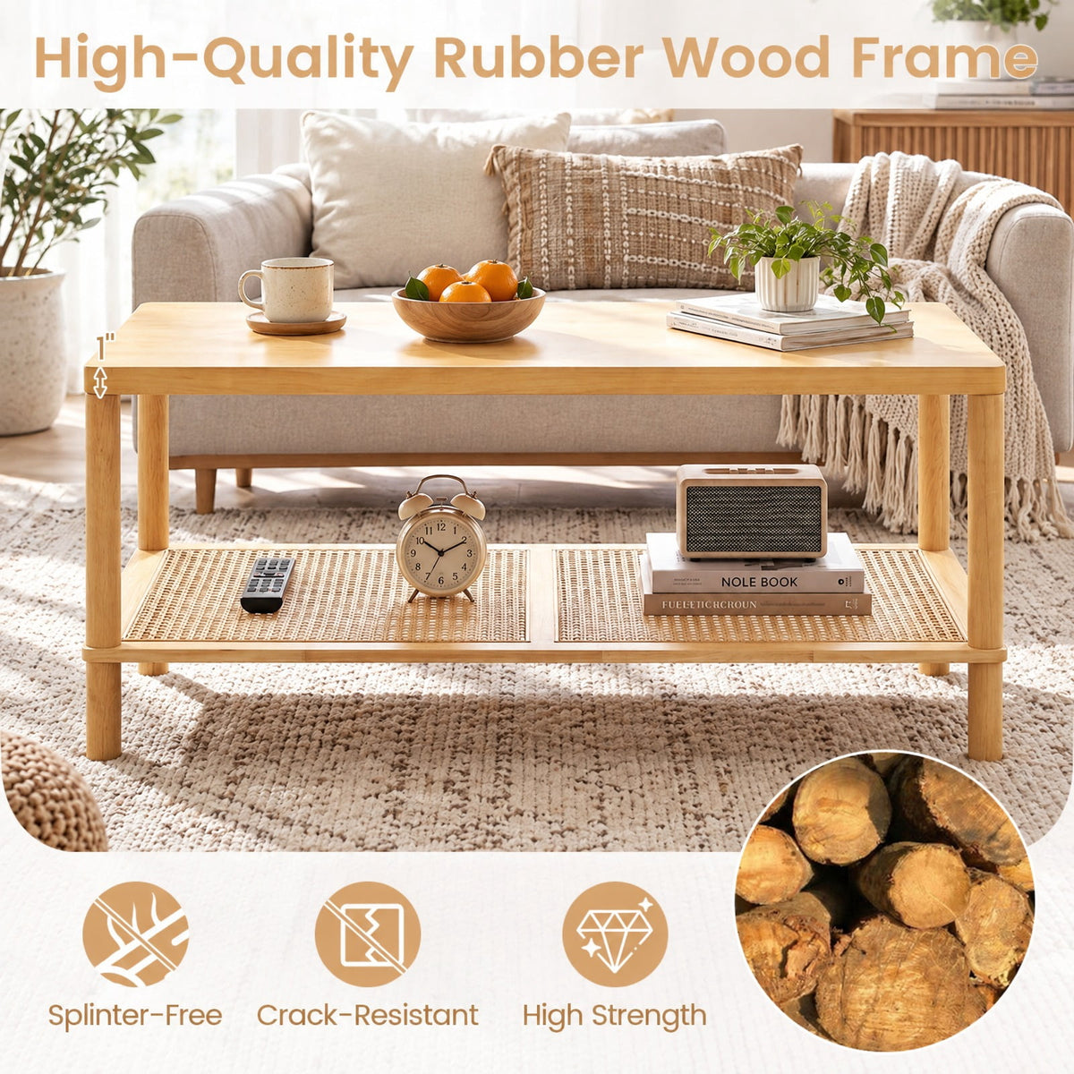 Airfind 2-Tier Boho Coffee Table for Living Room Rectangular Center Table with Rubber Wood Frame and PVC Rattan Storage Shelf, 185 lbs Capacity