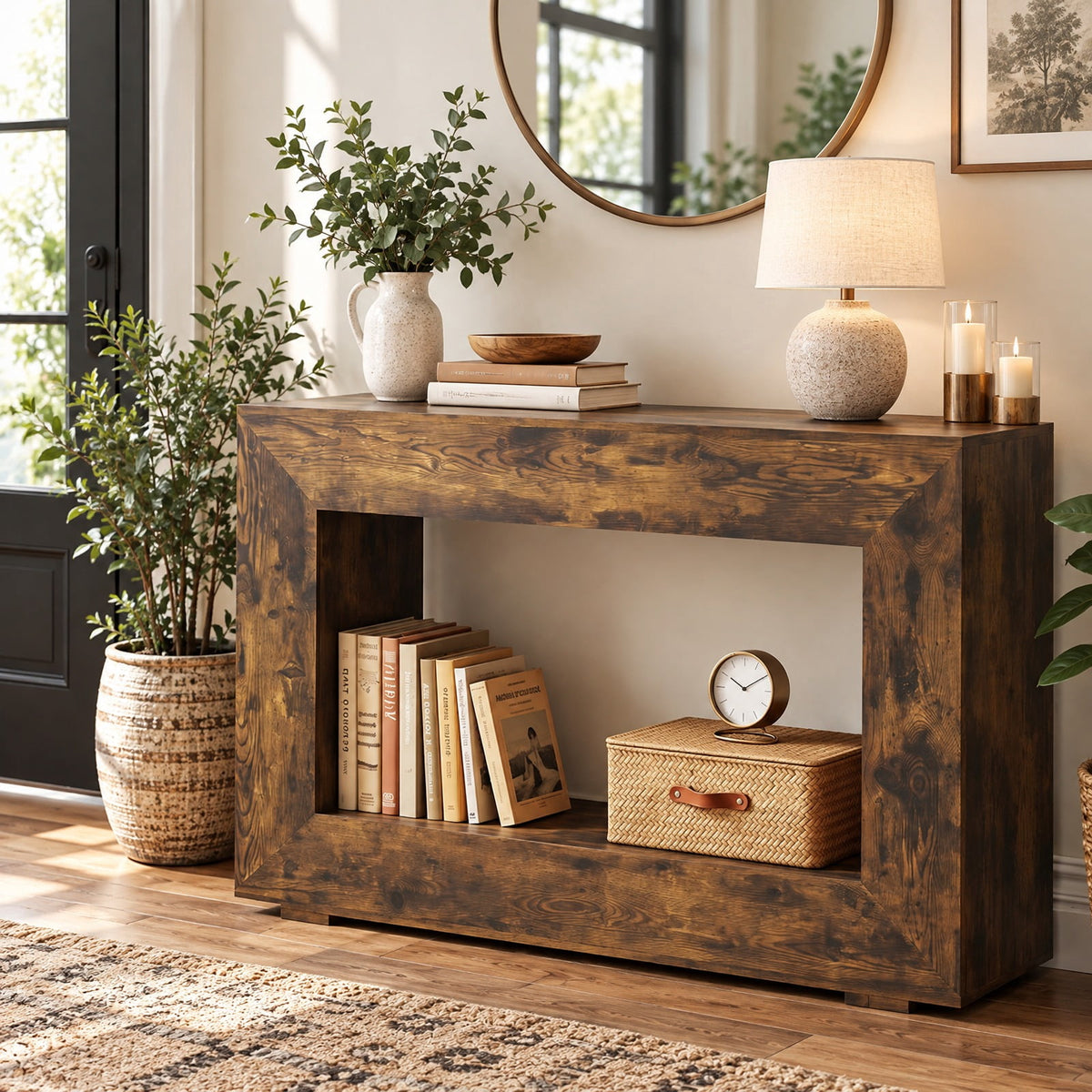 Airfind 47 Inch 2-Tier Farmhouse Console Table with Open Storage Shelf for Living Room, 47 Inch x 12 Inch x 33 Inch Middle Footprint, Brown