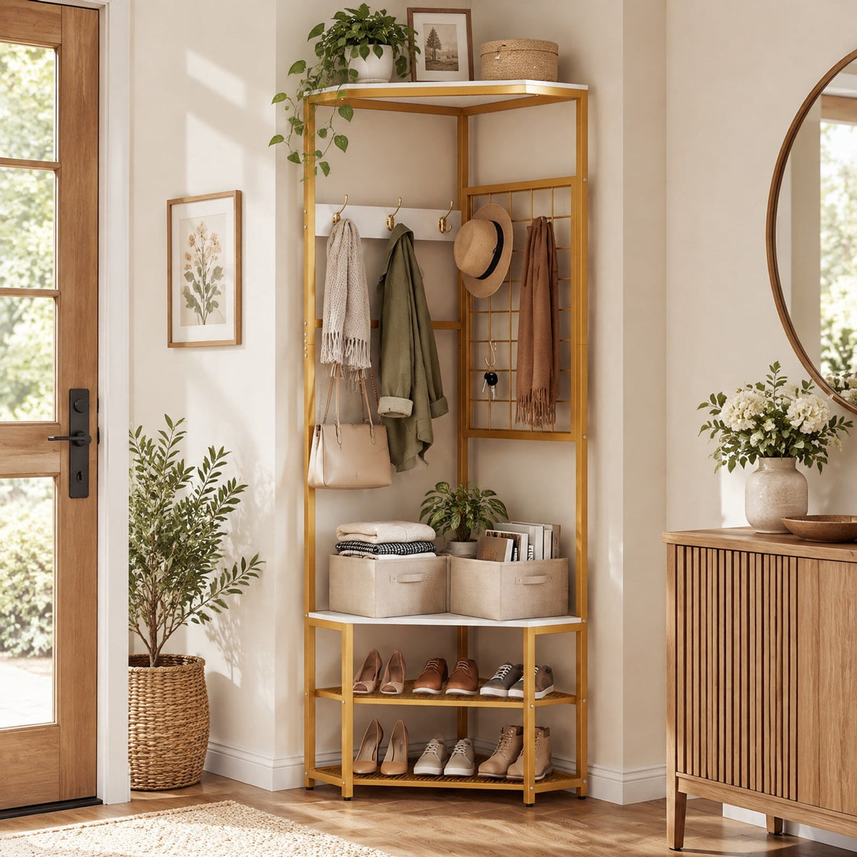 Airfind Corner Hall Tree Freestanding Coat Rack with Storage Shelves Removable Hooks, 220 lbs Capacity, Engineered Wood Metal Frame, White