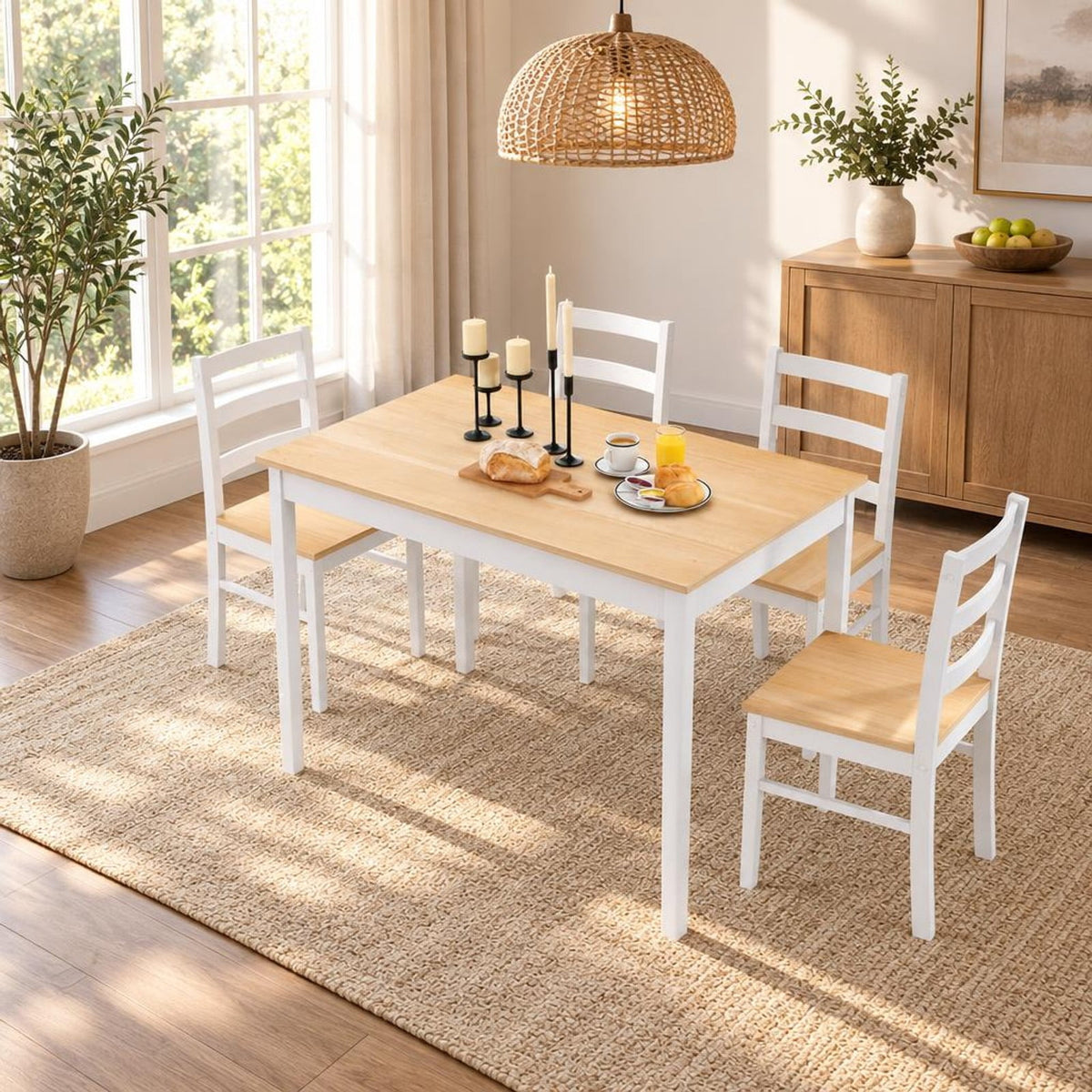 Airfind 5-Piece Wooden Dining Set with Rectangular Table and 4 Chairs, 200 lbs Capacity, Rubber Wood Acacia Wood Veneer MDF Plywood Frame, Natural