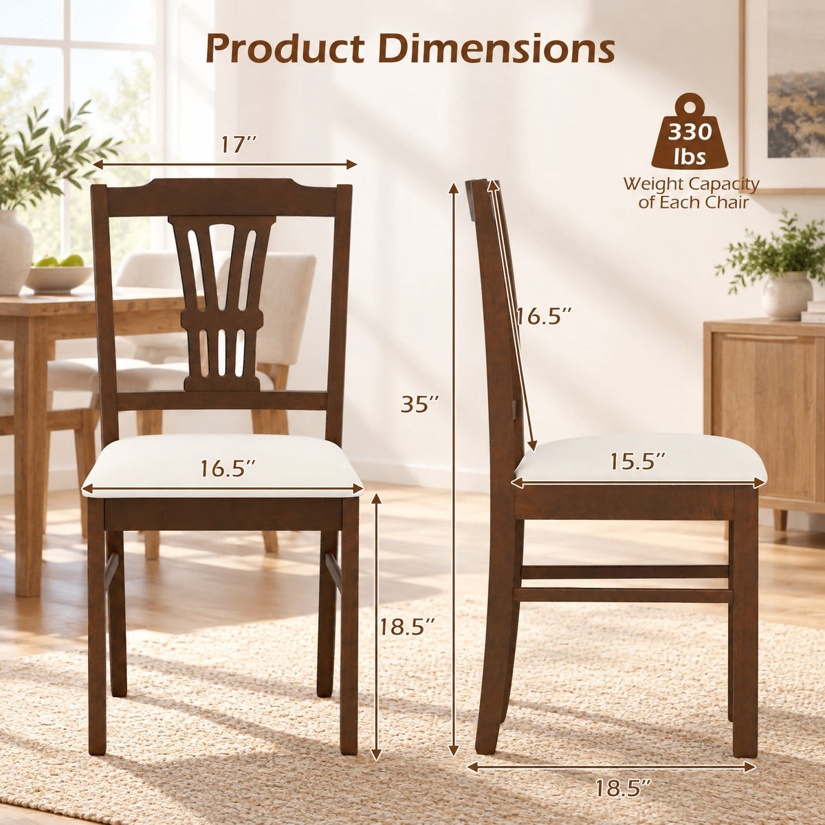 Airfind Wooden Dining Chairs Set of 2 Upholstered Kitchen Chairs with Solid Rubber Wood Frame, 330 lbs Capacity, 18.5 x 17 x 35 Footprint, Beige