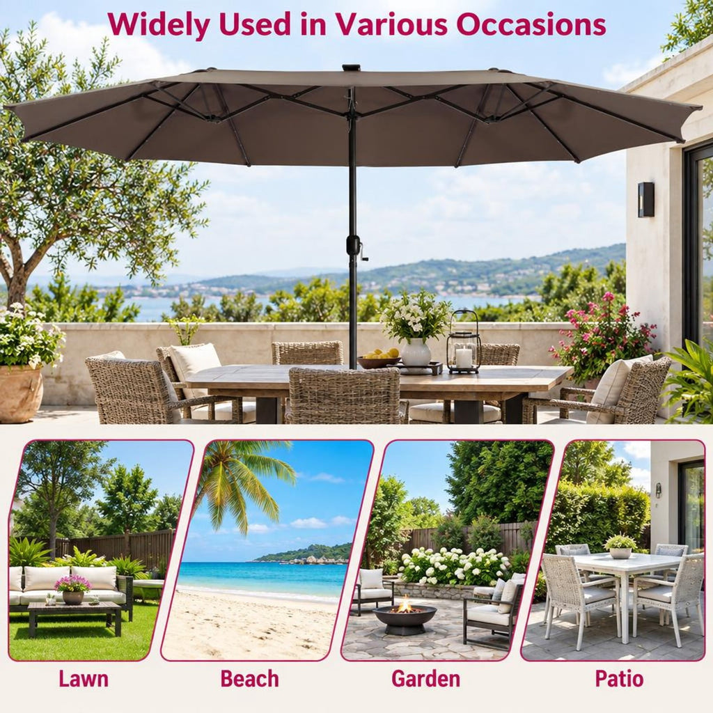 Airfind 15 Feet Twin Patio Umbrella with 48 Solar LED Lights, Steel polyester fabric Frame, 15.4 x 9.2 x 8 (L x W x H) Pole Footprint, Brown