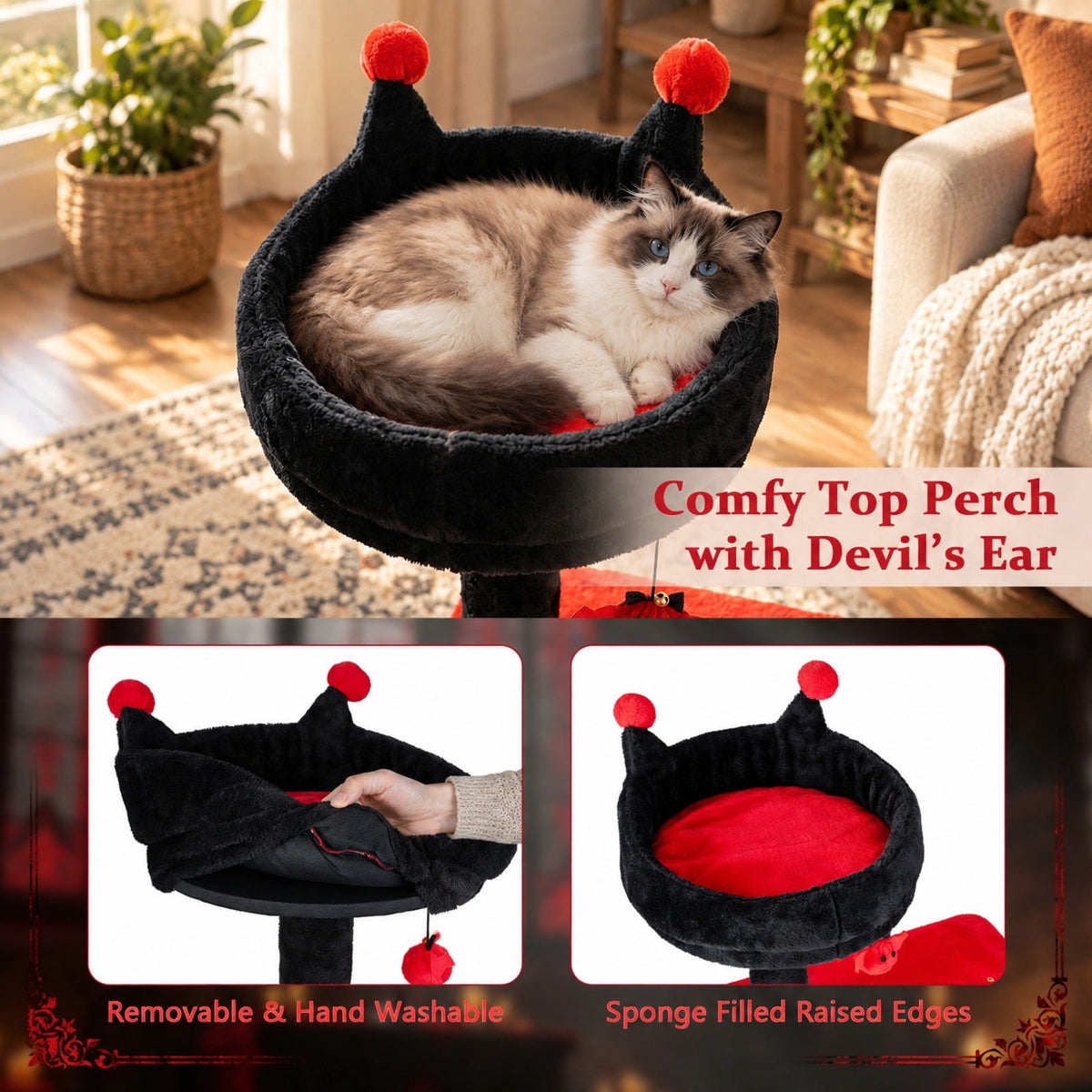Airfind 57 Inch Spooky Cat Tower with Padded Perch and Spider-shaped Hanging Toy, 22 Lbs Capacity, Ghost-shaped Platform Adds a Playful Touch, Red