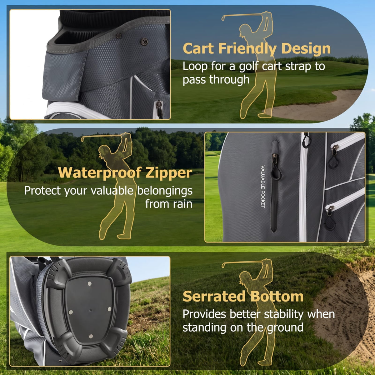 Airfind 9.5 Inch Lightweight Golf Cart Bag with 15 Way Top Dividers and 7 Zippegary Pockets and Cooler Bag and Rain Hood, Gray