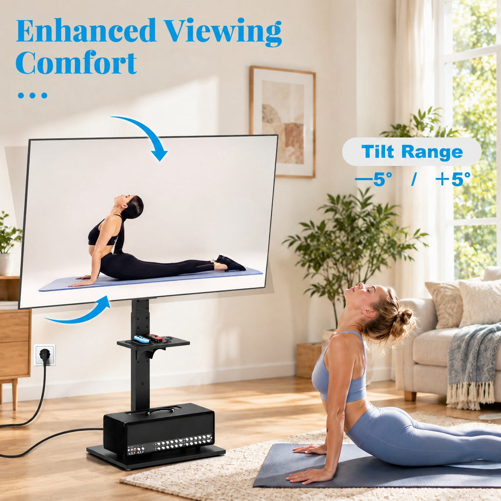 Airfind Tilt and Height Adjustable Floor TV Stand featuring Power Outlet and Adjustable AV Shelf, 110 lbs Capacity, MDF Metal Frame, Black