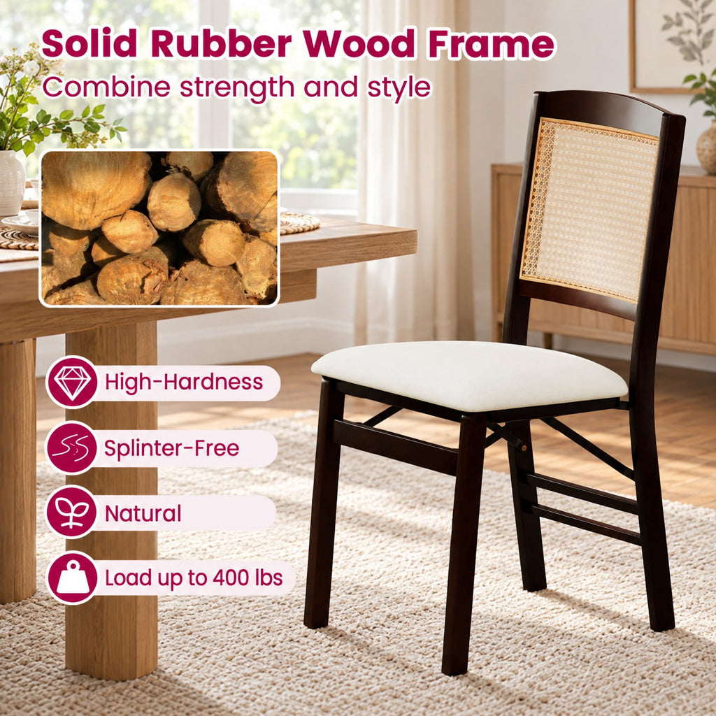 Airfind Folding Dining Chairs Set of 4 Rubber Wood Chairs with Linen Padded Seat, 400 Lbs Capacity, Rubber Wood PE Rattan Linen Fabric Sponge, Coffee