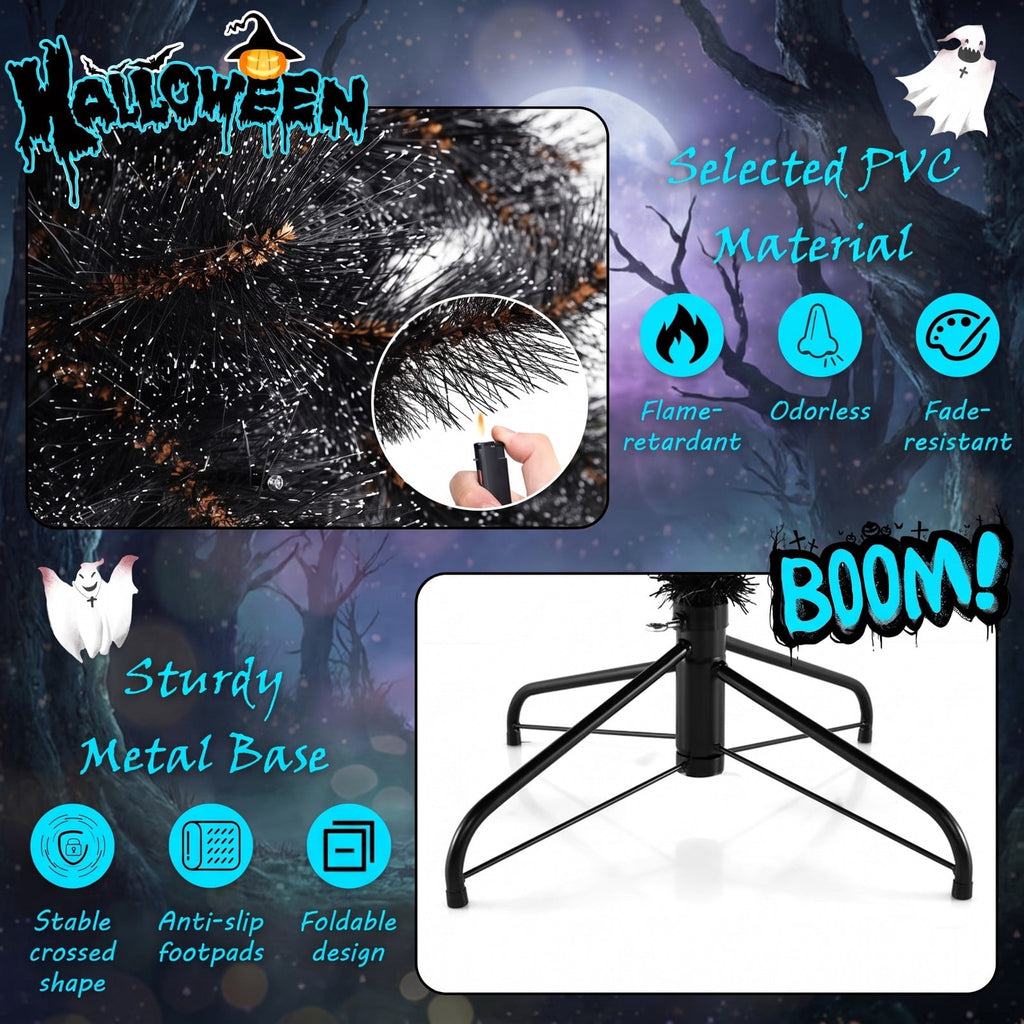 Airfind 6/7/8 Feet Black Artificial Halloween Christmas Tree with PVC Branch Tips and 210/320/450 Cool White LED Lights, Black