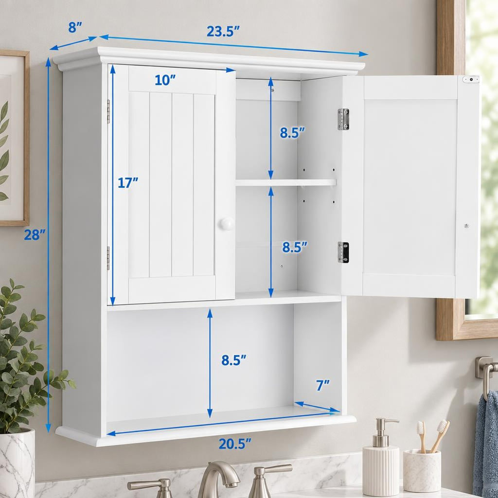 Airfind 2-Door Wall Mount Bathroom Storage Cabinet with Open Shelf, MDF Metal Frame, White, Overall dimension 23.5in x 8in x 28in(L x W