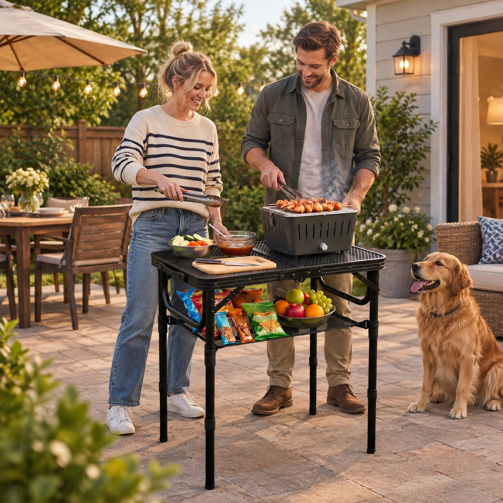 Airfind 3-Height Folding Picnic Table with Large Storage Net and Handle, 90 lbs Capacity, Aluminum Metal Nylon PP EVA Frame, Black