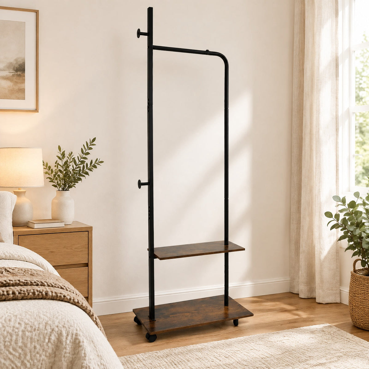 Airfind Freestanding Clothing Rack with Wheels and Storage Shelves for Entryway and Bedroom, 120 lbs Capacity, Engineered Wood Metal Frame, Brown