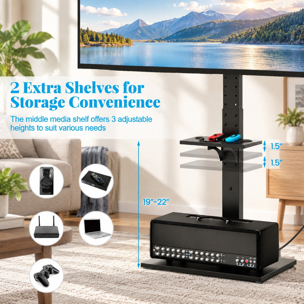 Airfind Tilt and Height Adjustable Floor TV Stand featuring Power Outlet and Adjustable AV Shelf, 110 lbs Capacity, MDF Metal Frame, Black