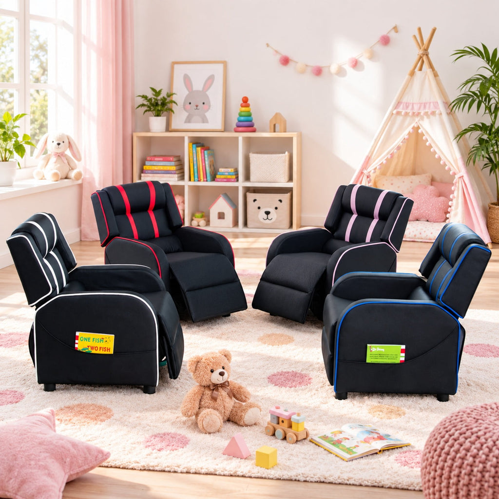 Airfind Kids Recliner Chair with Side Pockets and Footrest, 110 lbs Capacity, Sponge PU leather wood steel plastic Frame, Pink
