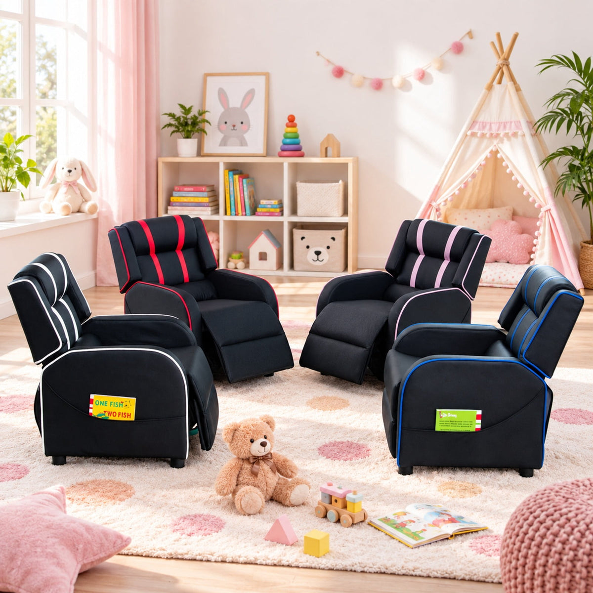 Airfind Kids Recliner Chair with Side Pockets and Footrest, 110 lbs Capacity, Sponge PU leather wood steel plastic Frame, Pink
