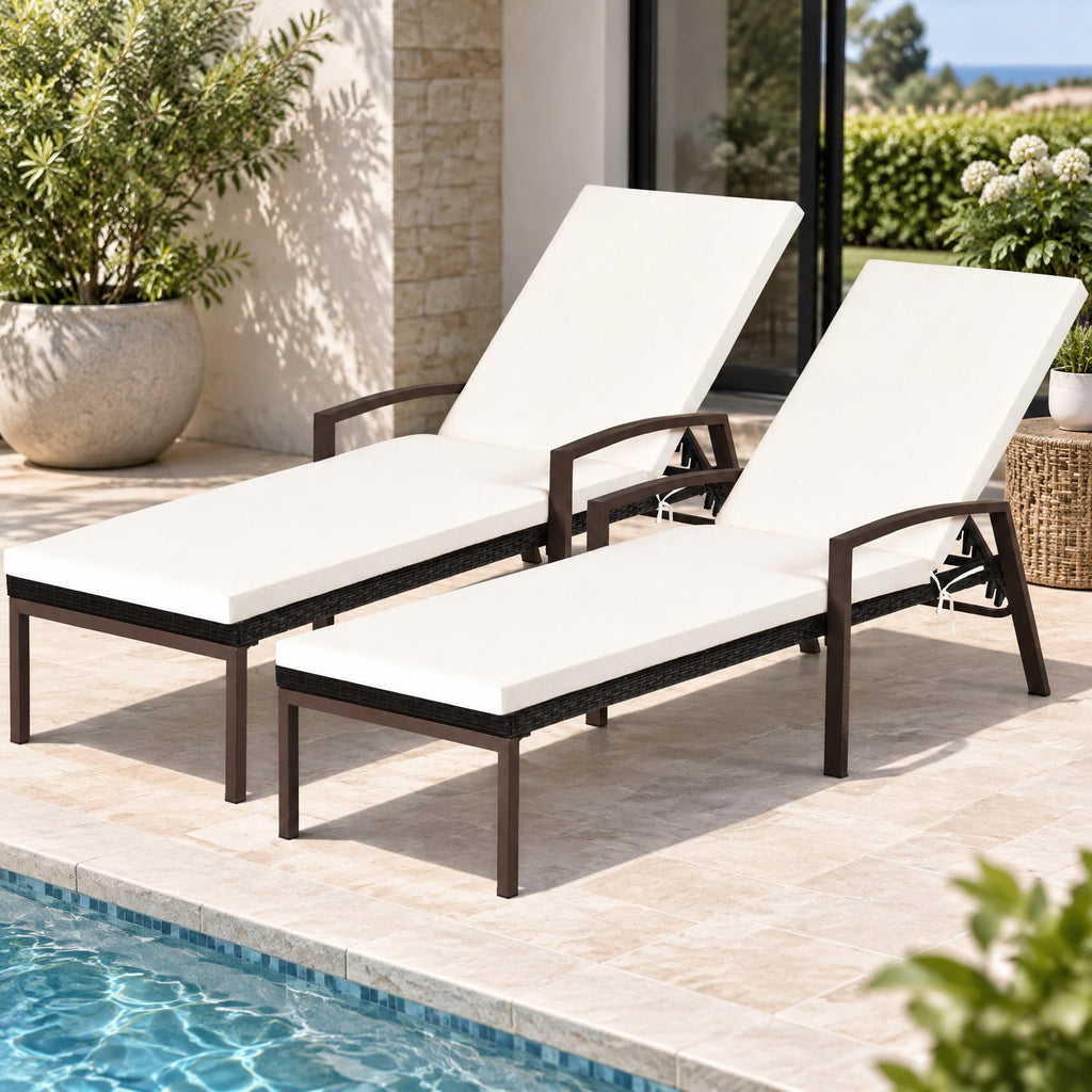 Airfind 2 Pieces Patio Rattan Adjustable Back Lounge Chair with Armrest and Removable Cushions, 400 lbs Capacity, Steel Rattan Frame, White