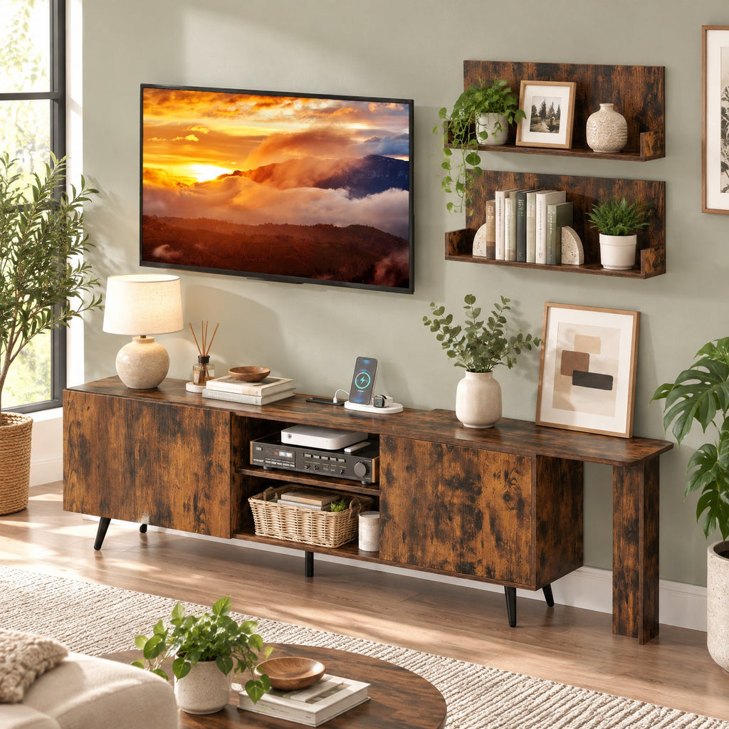 Airfind TV Stand for TVs up to 85 Inch with 2 Wall Shelves and Charging Station, 420 lbs Capacity, Engineered Wood Frame, Brown