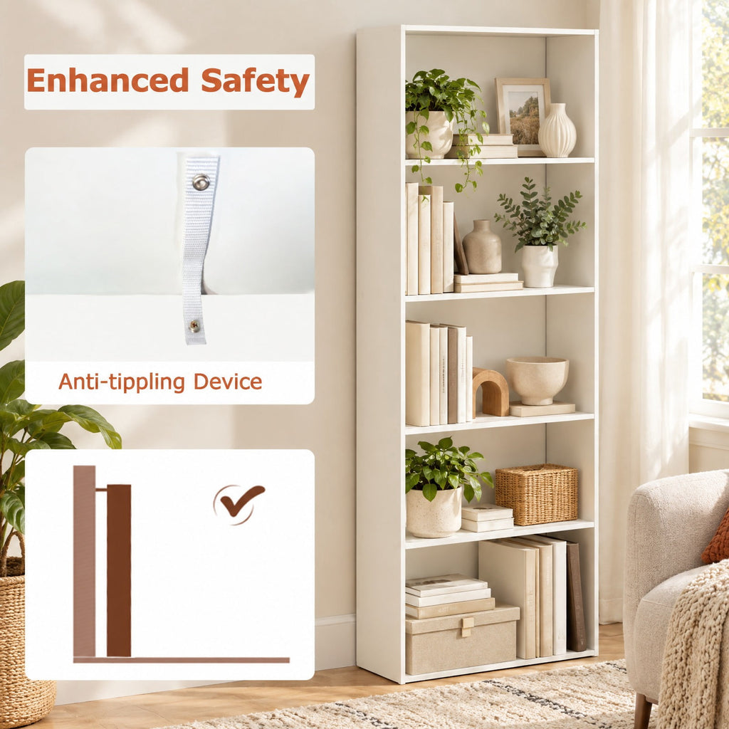 Airfind 5-Shelf Storage Bookcase Modern Multi-Functional Display Cabinet, 45 lbs Capacity, Engineered Wood MDF Frame, 24in x 9.5in x 67in Footprint