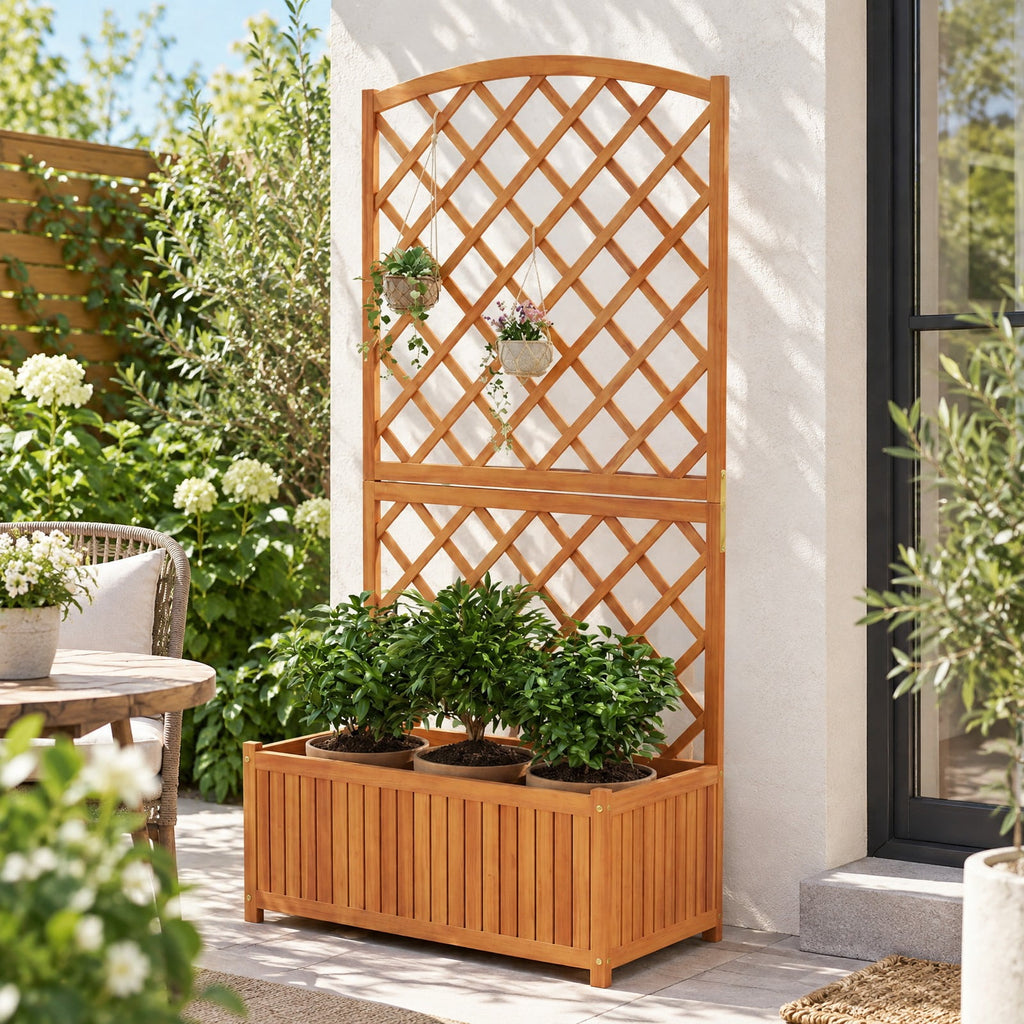 Airfind Wooden Raised Garden Bed with Trellis 63 Inch Tall Garden Planter, 80 kg Capacity, Acacia Wood Frame, 31.5 x 15.7 x 63 Footprint, Natural
