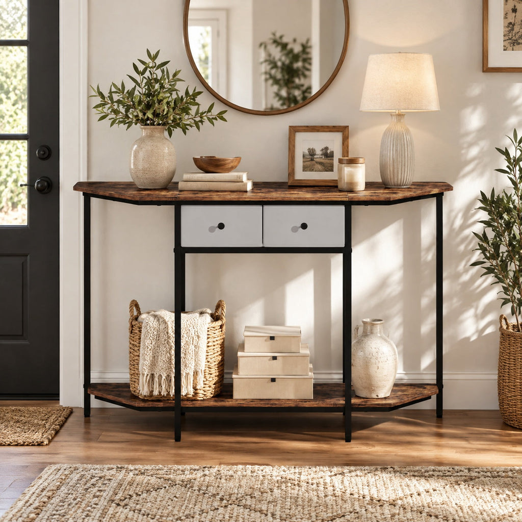 Airfind Console Table with 2 Drawers and Open Storage Shelf, 110 lbs Capacity, Engineered Wood Metal Non-Woven Fabric Frame, Brown