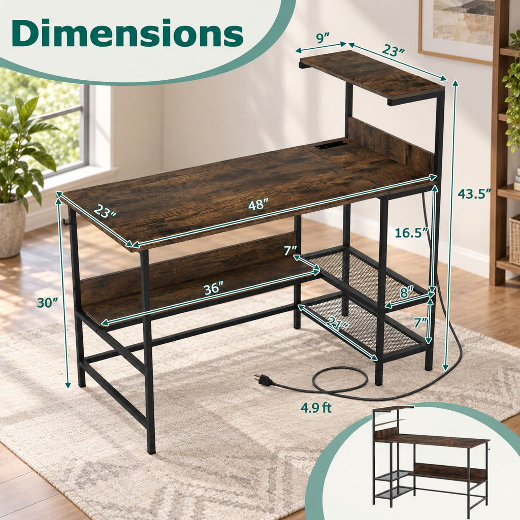 Airfind 48 Inch Computer Desk with Power Outlets and Storage Shelves, 88 lbs Capacity, Engineered Wood Metal Frame, 48 Inch x 23 Inch x 43.5 Inch Footprint