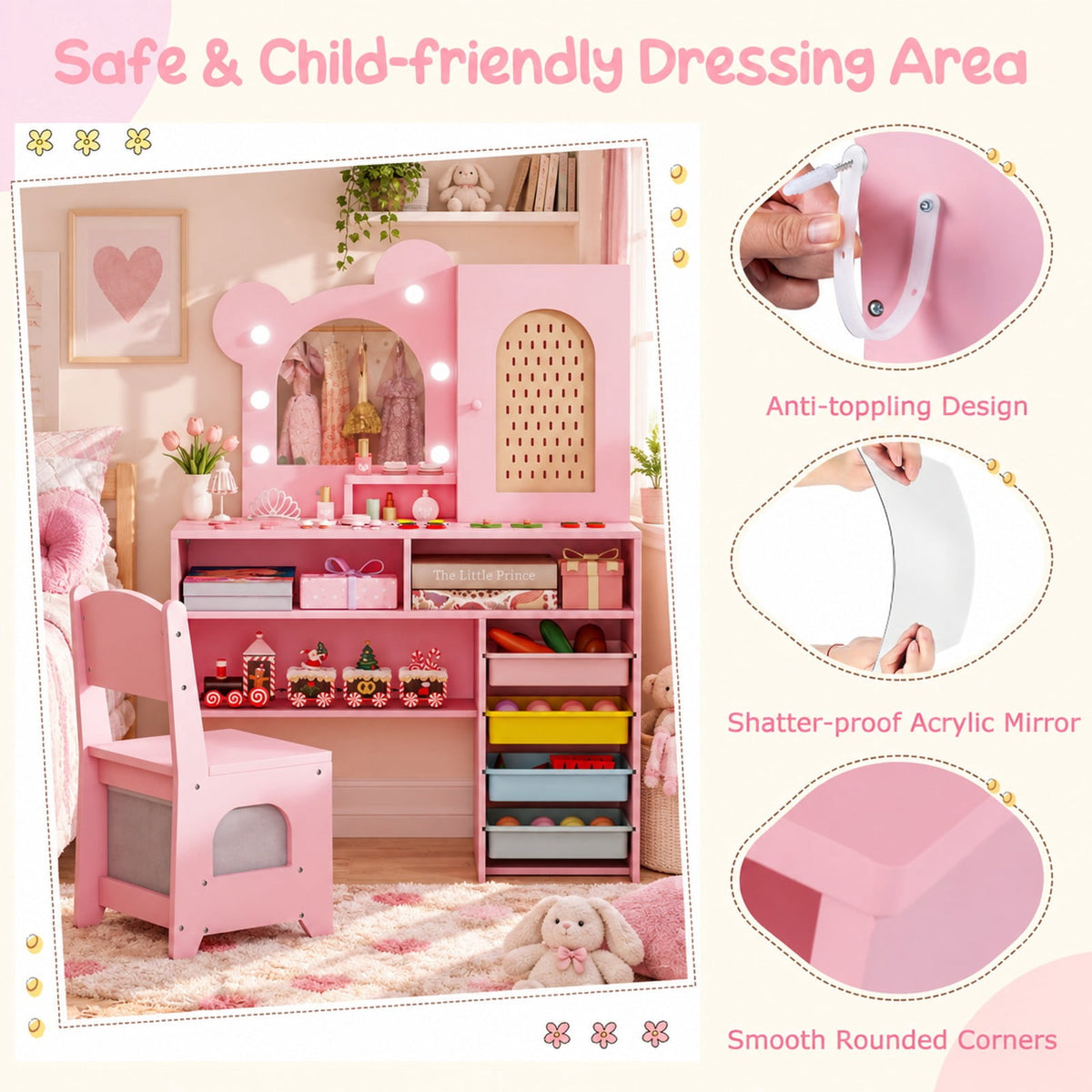 Airfind Kids Vanity with Lights and 5 Drawers for Kids Aged 3+ Years Old, 45 lbs Capacity, MDF Frame, for 3+ Years Old, Pink