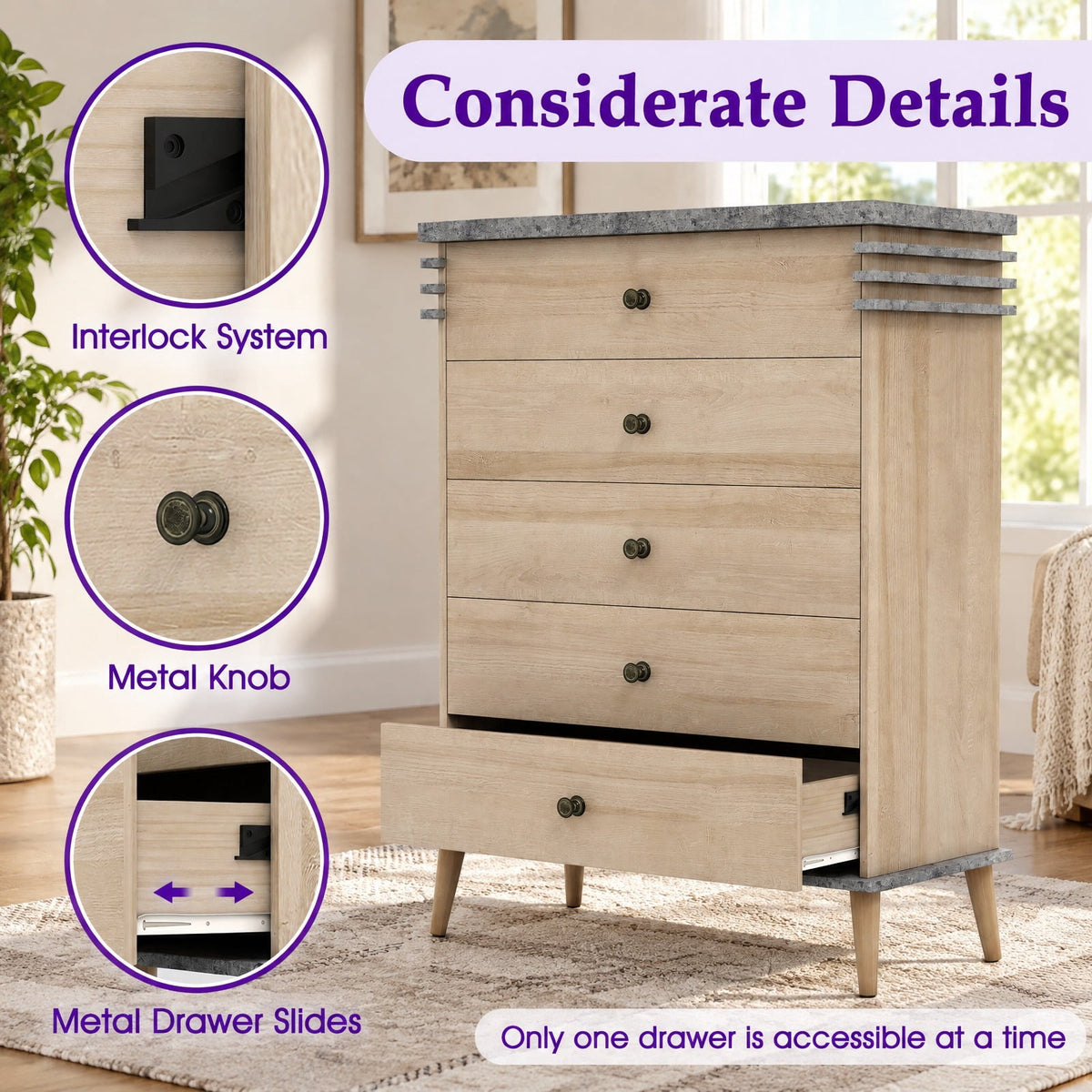 Airfind Farmhouse Chest Dresser of Drawers Tall Storage Organizer, 176 lbs Capacity, Engineered Wood MDF Rubber Wood Metal Frame, Grey