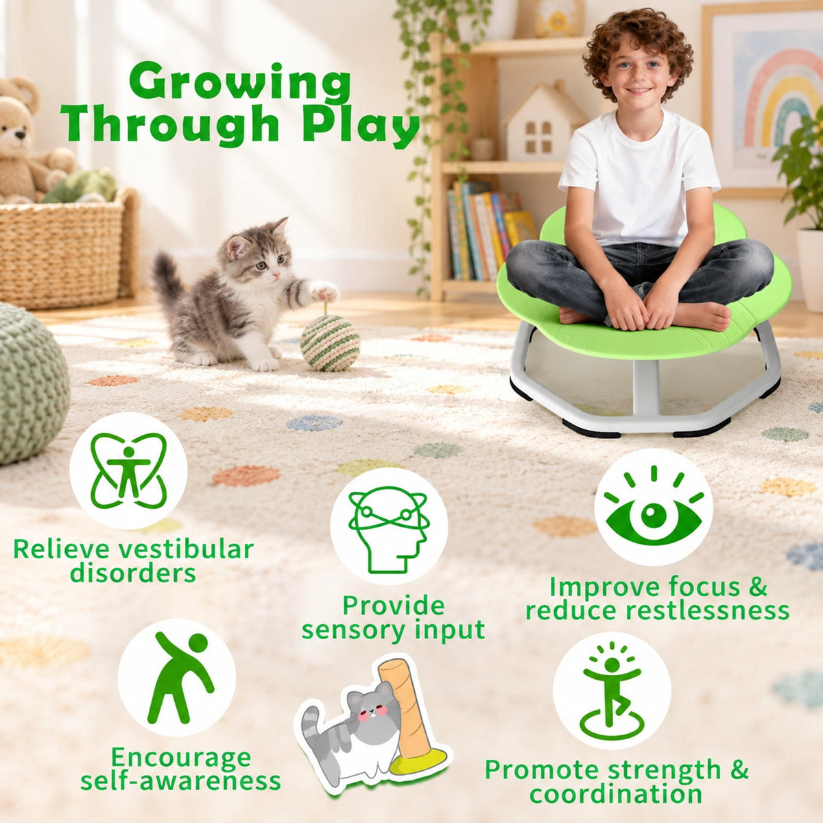 Airfind Kids Sensory Swivel Chair Cat Claw 360° Spinning Chair with Non-Slip Metal Base, 220 lbs Capacity, PP Metal Frame, Green