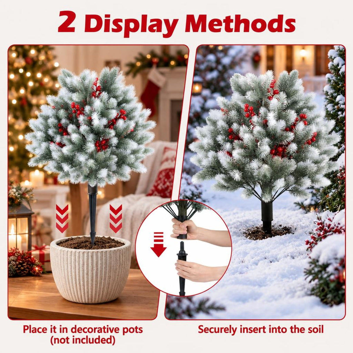 Airfind Set of 2 Artificial Cedar Topiary with Ground Spikes for Porch Patio Winter Decoration, PP PE Frame, Green White Red