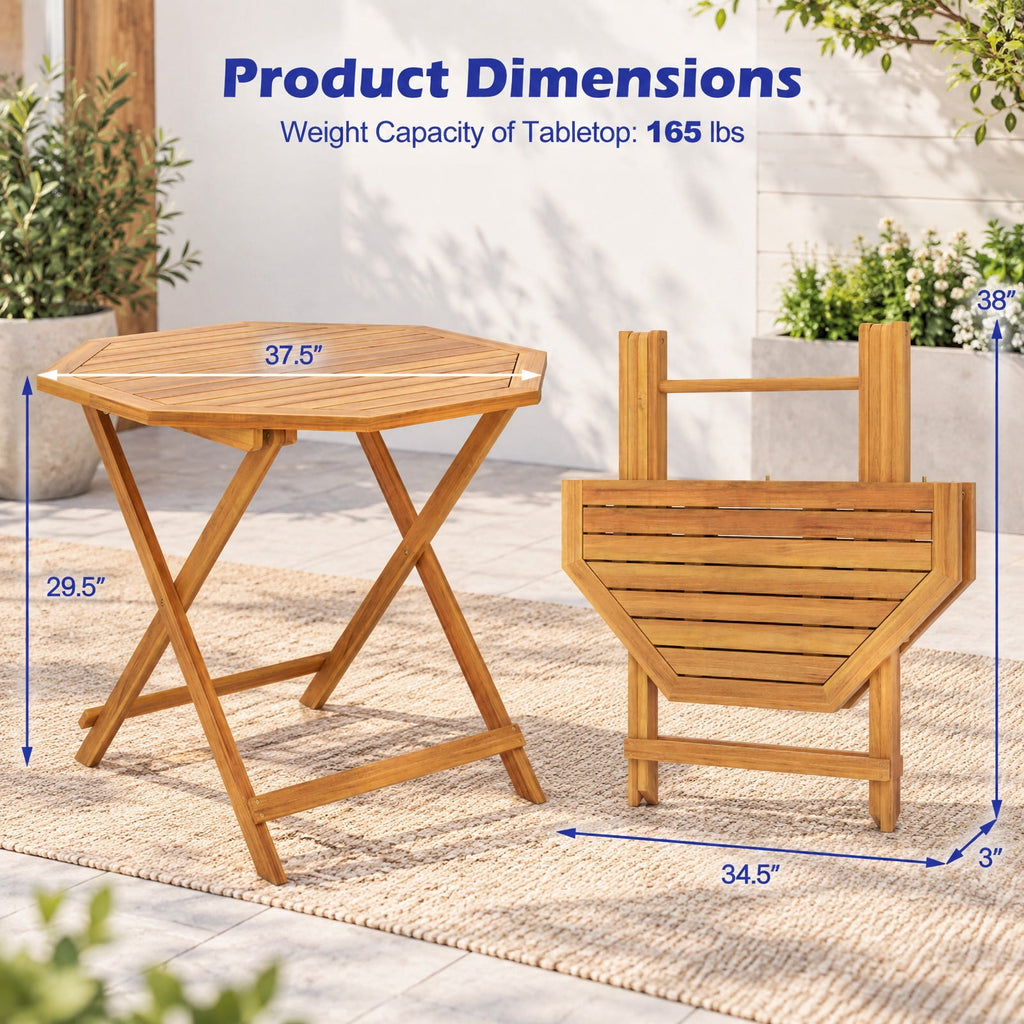 Airfind Acacia Wood Outdoor Folding Dining Table for 4 Octagonal with Slatted Tabletop, 37.5 Inch x 37.5 Inch x 29.5 Inch Folding Footprint, Wood
