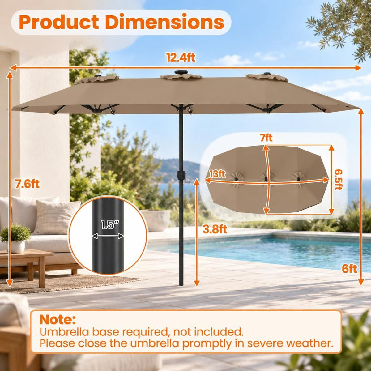 Airfind 13 FT Double-Sided Patio Umbrella with Color-Changing Flowing Solar LED Lights, Polyester Fabric Metal Frame, 13 x 7 ft Footprint, Brown