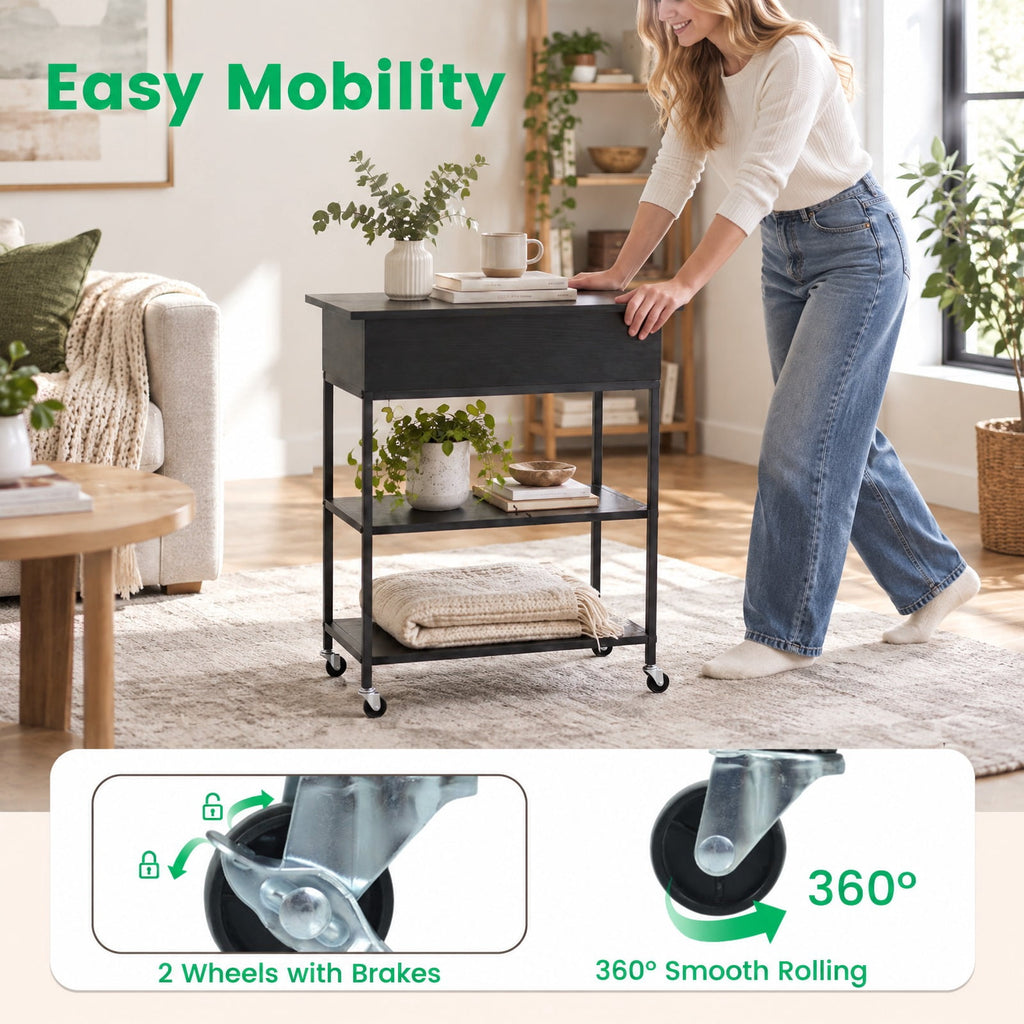 Airfind Lift Top End Table with Charging Station and Universal Wheels, 121 lbs Capacity, Engineered Wood Metal Frame, 24 x 9.5 x 25.5 Footprint