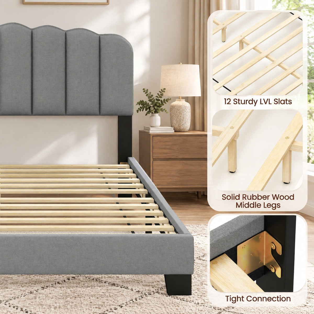 Airfind Queen Size Bed Frame with Adjustable Scalloped Tufted Headboard, 770 lbs Capacity, 84 x 61.5 x 40-44 Footprint, Gray + Black