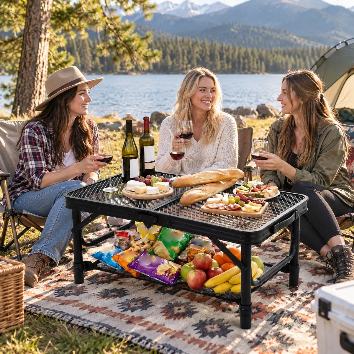 Airfind 3-Height Folding Picnic Table with Large Storage Net and Handle, 90 lbs Capacity, Aluminum Metal Nylon PP EVA Frame, Black