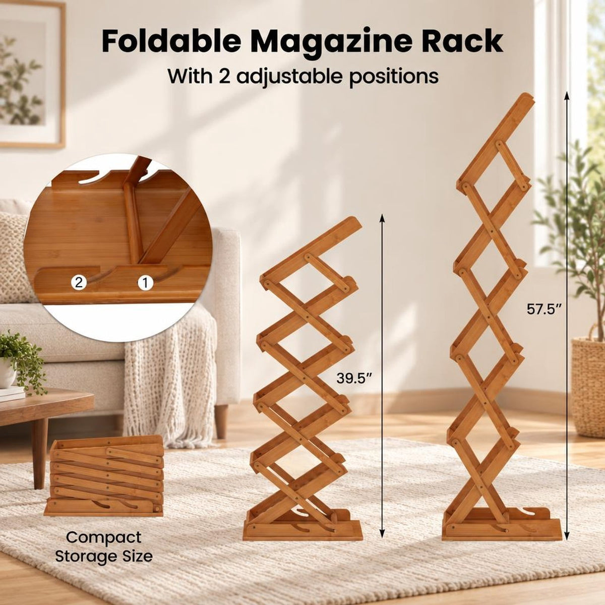 Airfind Foldable Bamboo Magazine Rack with 2 Adjustable Positions, 33 lbs Capacity, Bamboo Frame, 16 x 14 x 39.5 Footprint, Walnut