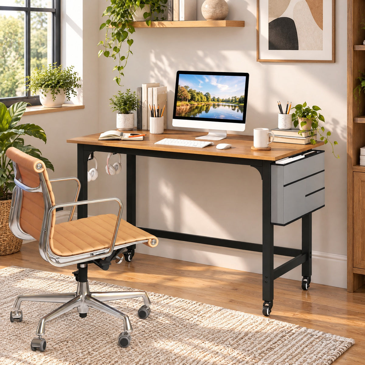 Airfind 48 Inch Rolling Computer Desk with Heavy-duty Metal Frame for Home and Office, 220 lbs Capacity, Engineered Wood Metal Frame, Natural