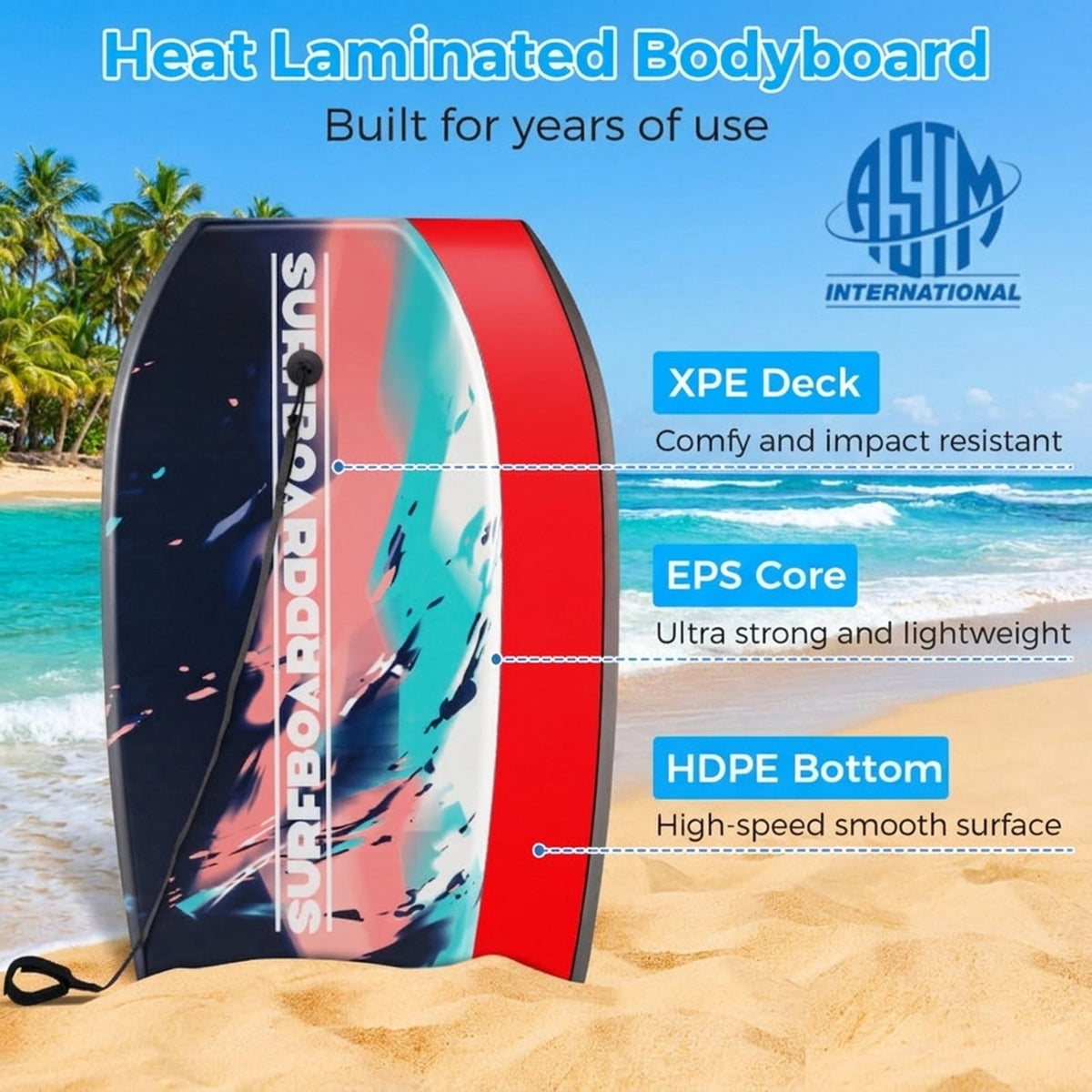 Airfind 37 Boogie Board with Sunset Splash Graphic Deck ¡ª EPS Core, XPE Top, HDPE Slick Bottom, Crescent Tail, Coiled Wrist Leash