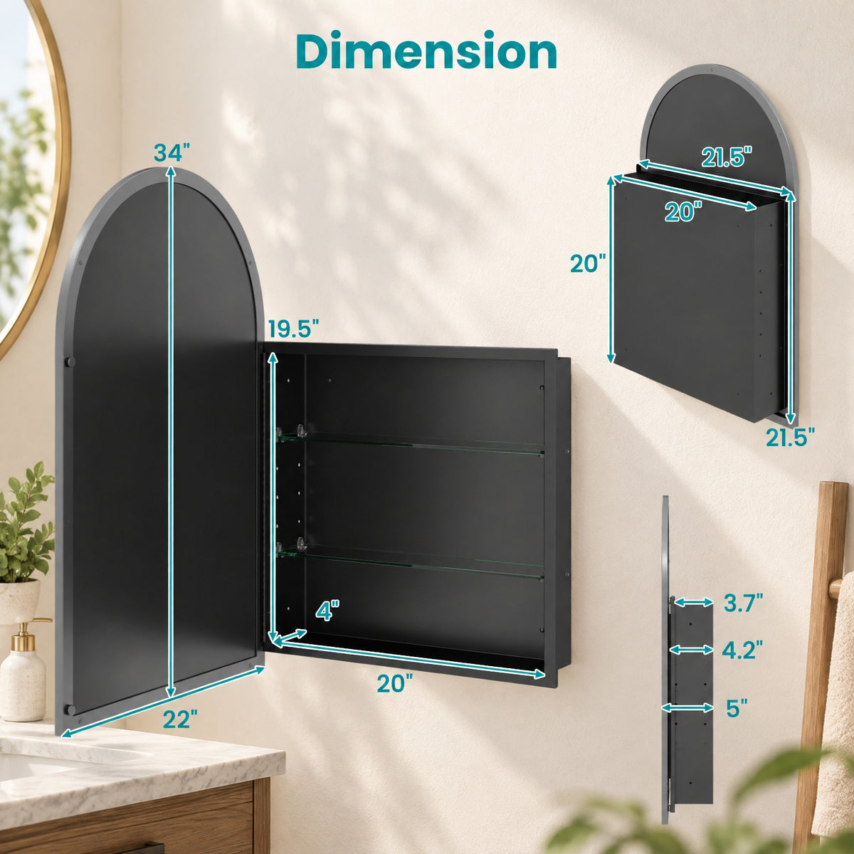 Airfind 34in x 22in Brushed Metal Wall-Mounted Storage Cabinet with Arched Mirror and Adjustable Shelves, 11 lbs Capacity, Metal Frame, Black
