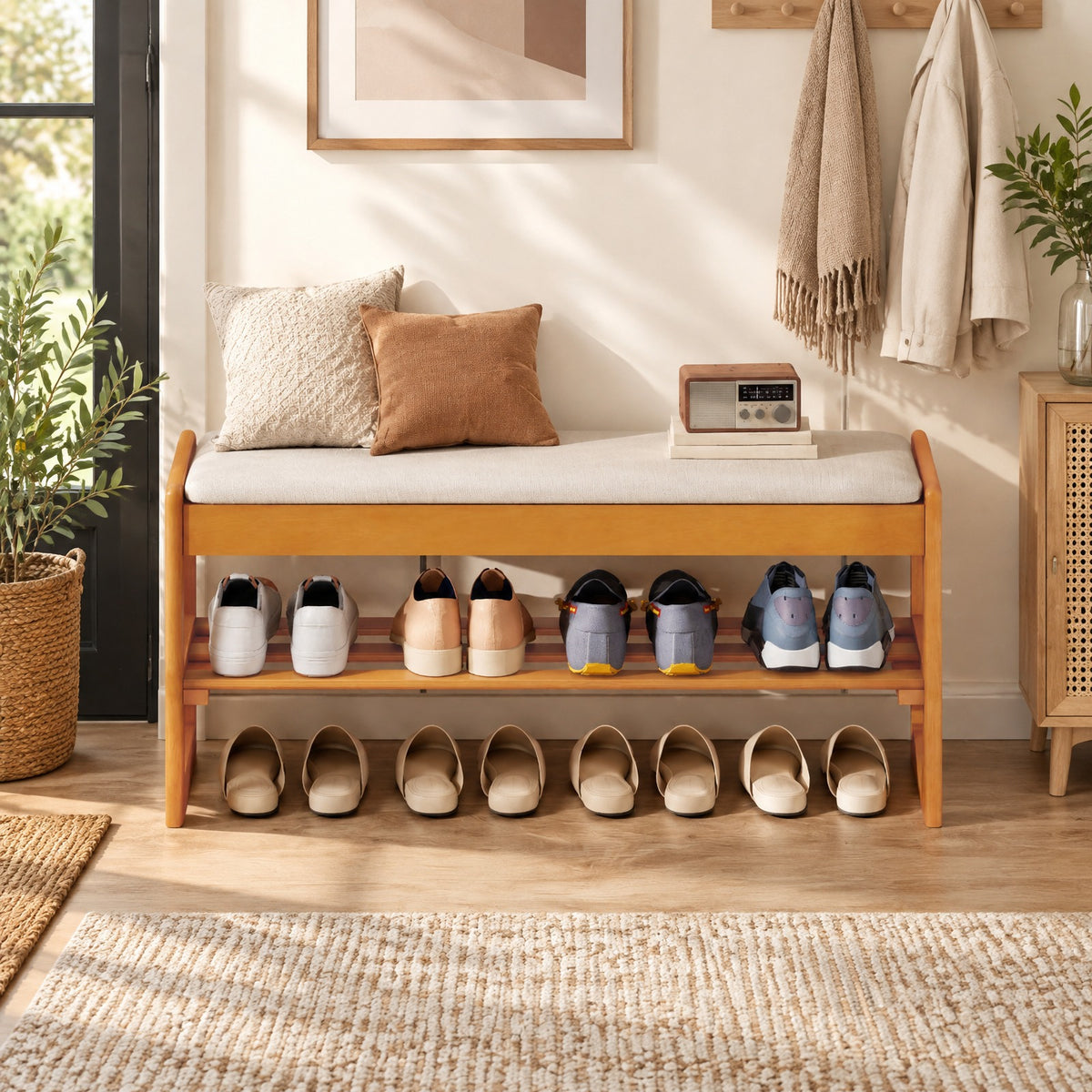 Airfind Shoe Rack Bench with Storage 2-Tier Rubberwood Entryway Bench with Flip-Open Storage, 400 lbs Capacity, 40in x 13.5in x 17in Footprint, Beige
