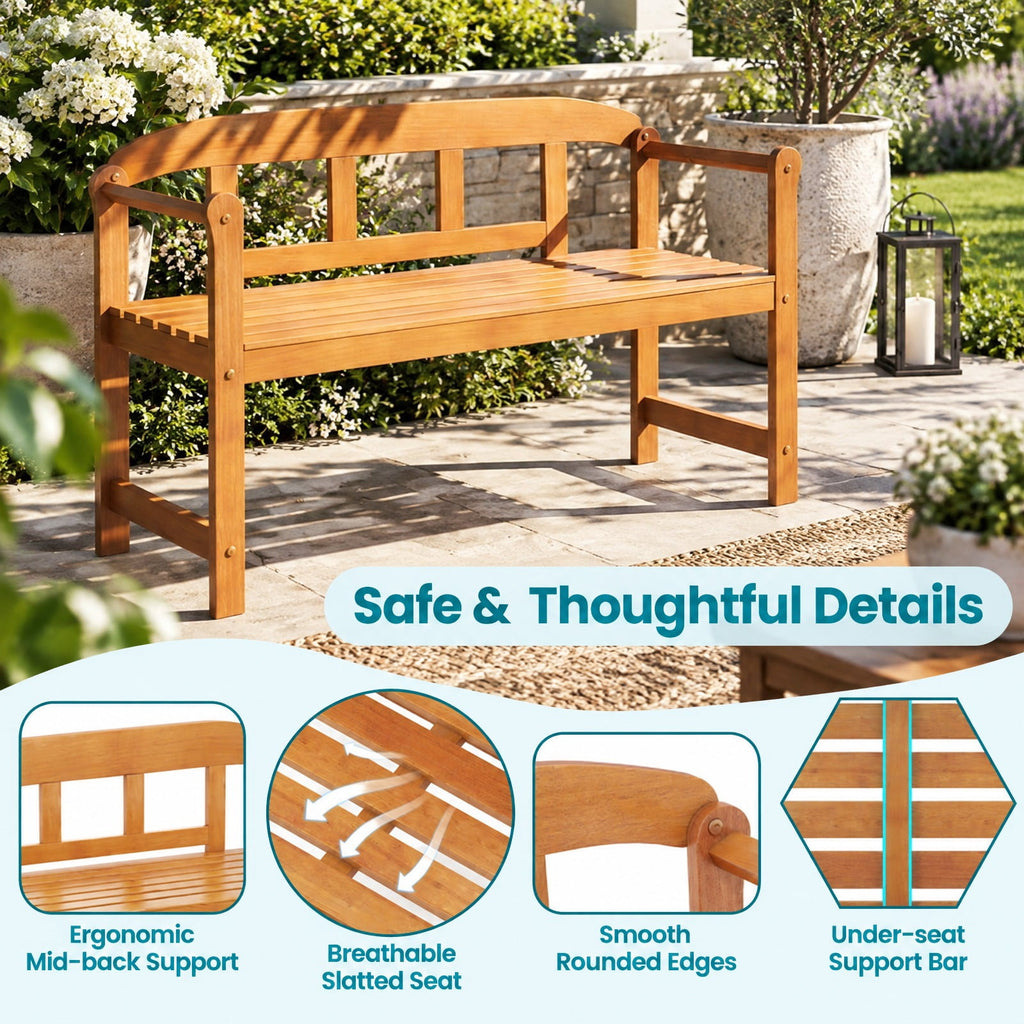 Airfind 2-Seater Outdoor Acacia Wood Garden Bench with Backrest Armrests, 800 lbs Capacity, Acacia Wood Frame, Wood
