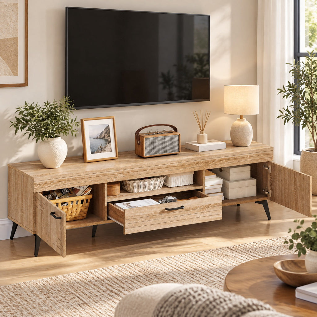 Airfind TV Stand with 2 Cabinets and Storage Drawer for 65 Inches TVs, 180 lbs Capacity, Metal Engineered Wood Frame, 59 x 15 x 17 Footprint, Oak