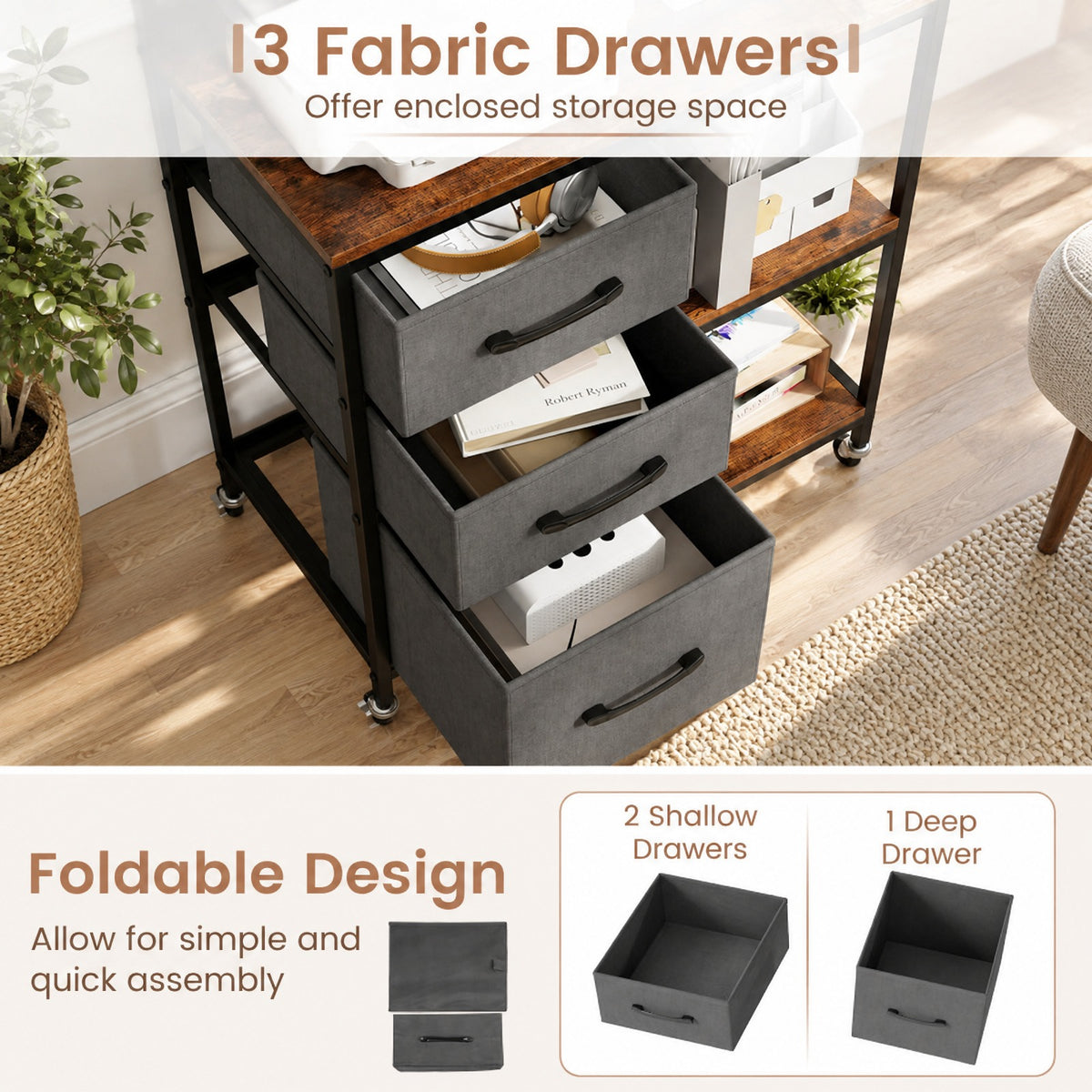 Airfind 3 Drawer Mobile File Cabinet with Charging Station Rolling Printer Stand with Open Storage Shelves, 44 lbs Capacity, Brown