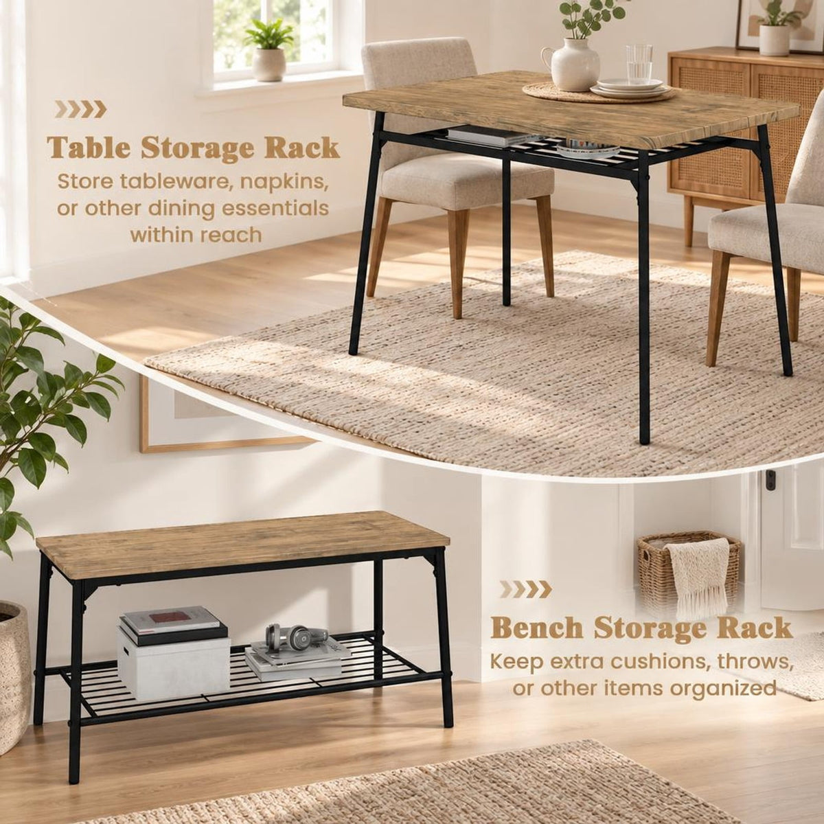 Airfind 4 Piece Dining Table Set for 4 Metal Frame with Bench and 2 Chairs, 200 lbs Capacity, MDF Metal Frame, Brown