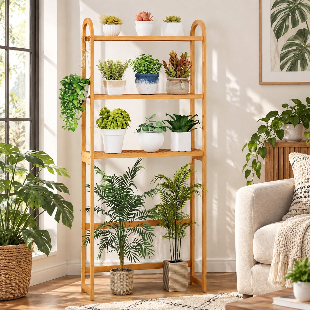 Airfind 3-Tier Bamboo Bathroom Floor Organizer with 5-Position Shelves and 3 Hooks, 132 lbs Capacity, Bamboo Frame, Natural