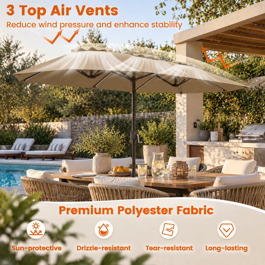 Airfind 13 FT Double-Sided Patio Umbrella with Color-Changing Flowing Solar LED Lights, Polyester Fabric Metal Frame, 13 x 7 ft Footprint, Brown