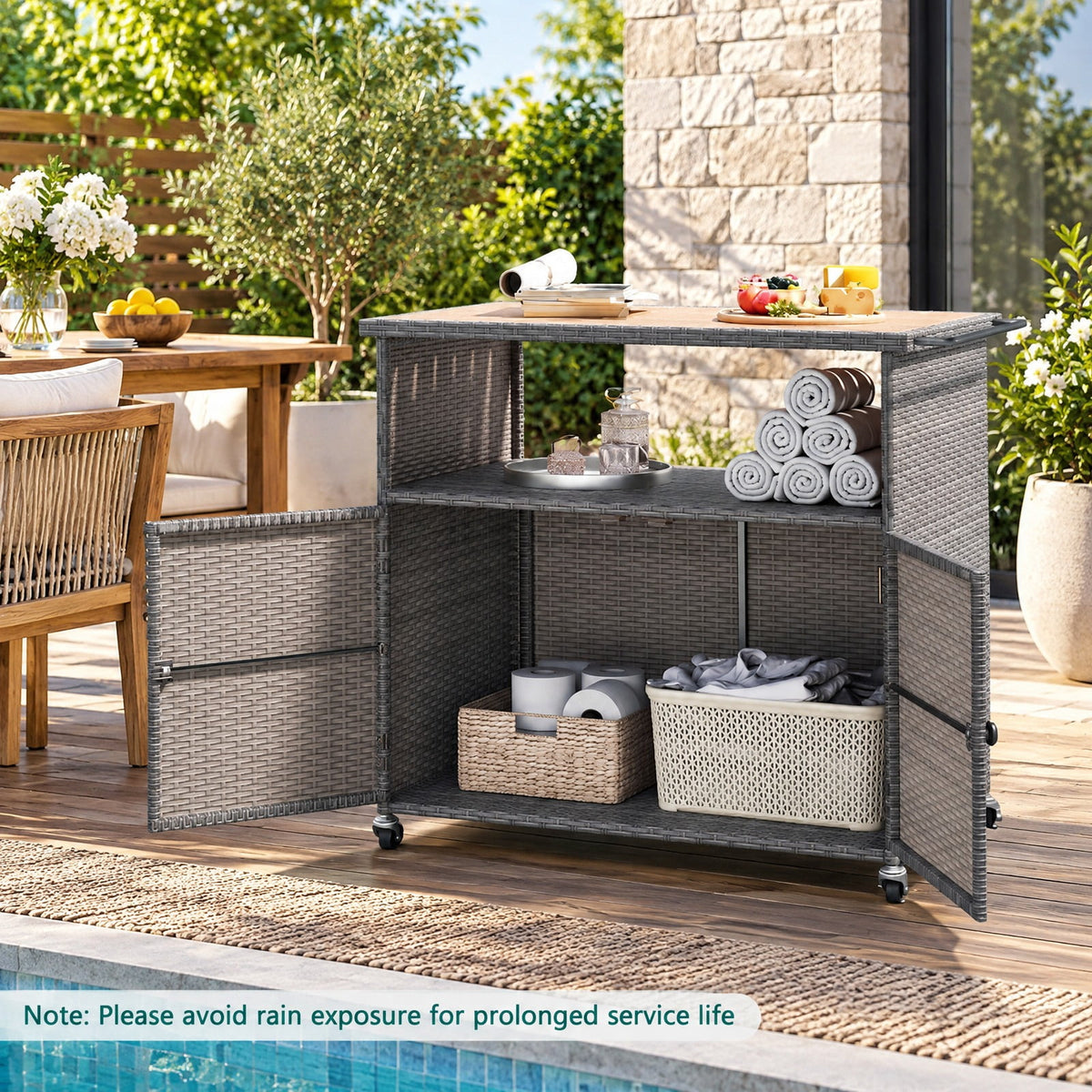 Airfind Outdoor Storage Cabinet with Acacia Wood Top and Lockable Wheels, 180 lbs Capacity, PE Rattan Acacia Wood Metal Frame, Gray